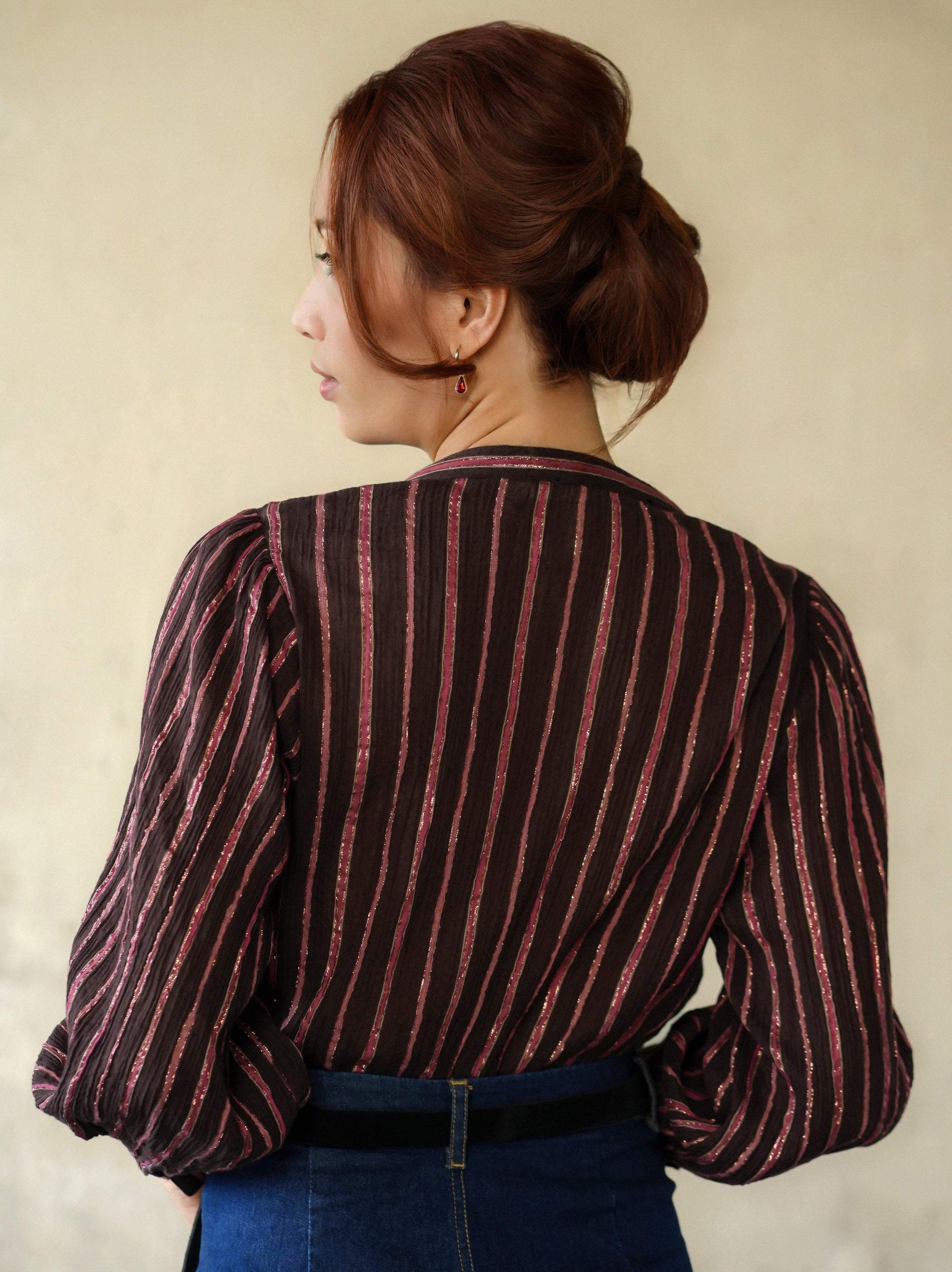 woman wearing chocolate yuni blouse