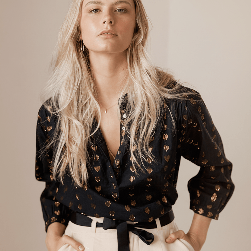 Ines love heart blouse black/silver gold - Blouse - Marie Louise de Monterey