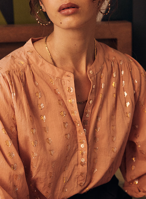 Ines love heart blouse - brick w/ silver gold hearts