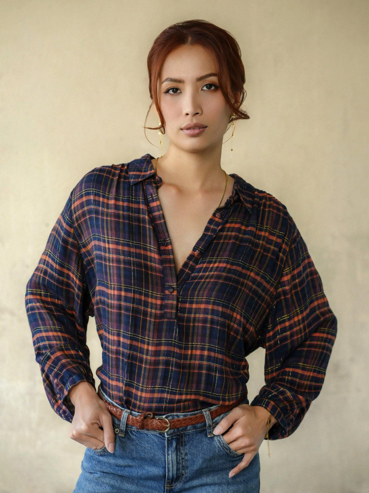 woman wearing birkin blouse blue