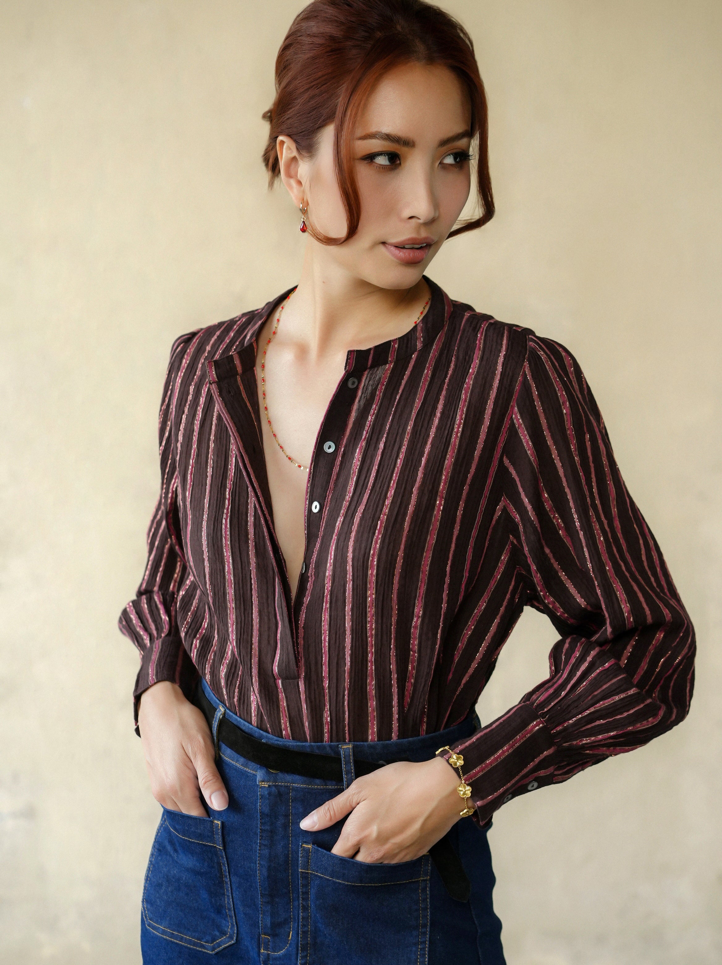 woman wearing chocolate yuni blouse