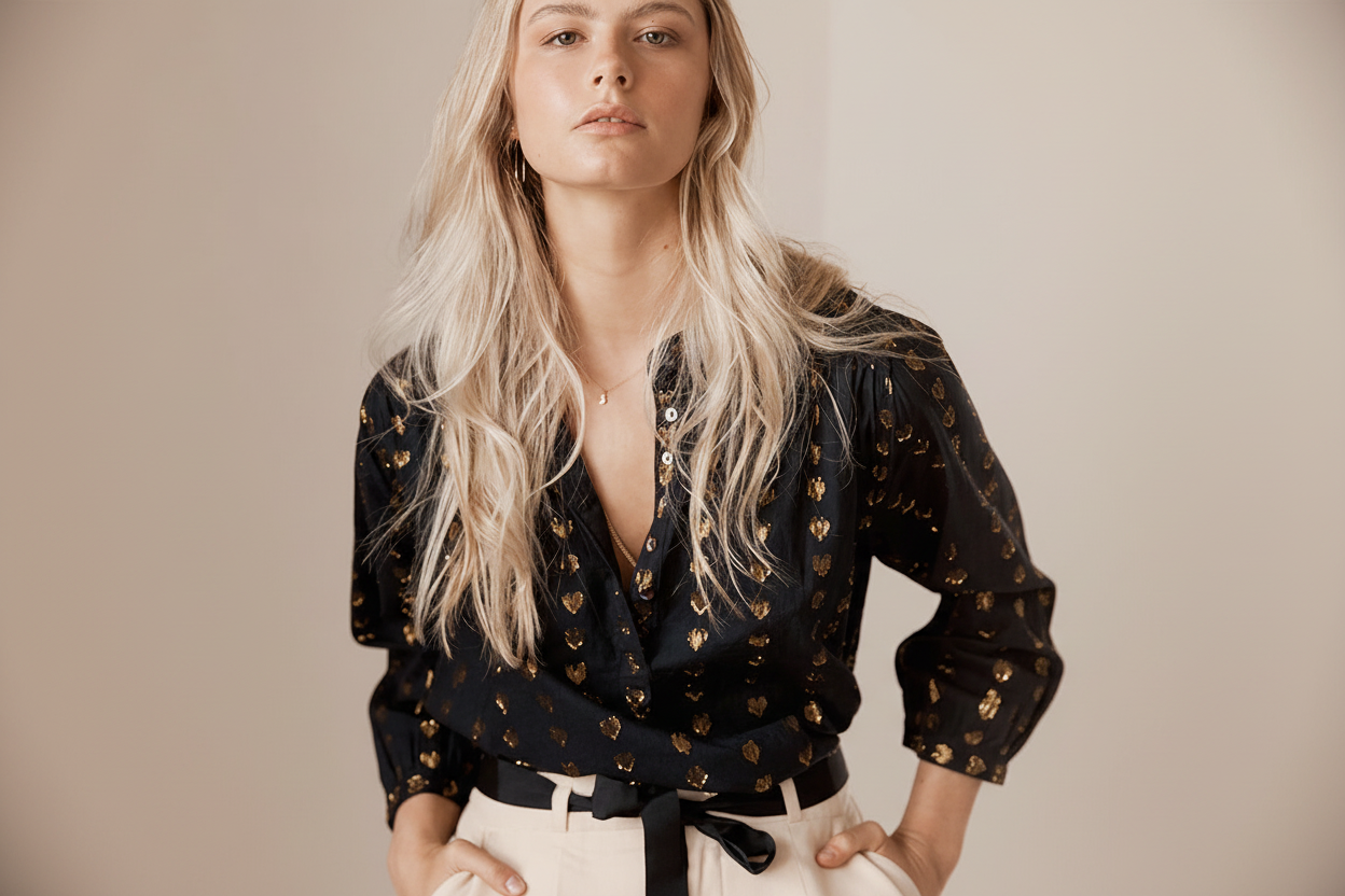 Ines love heart blouse black/silver gold - image 1 light beige background